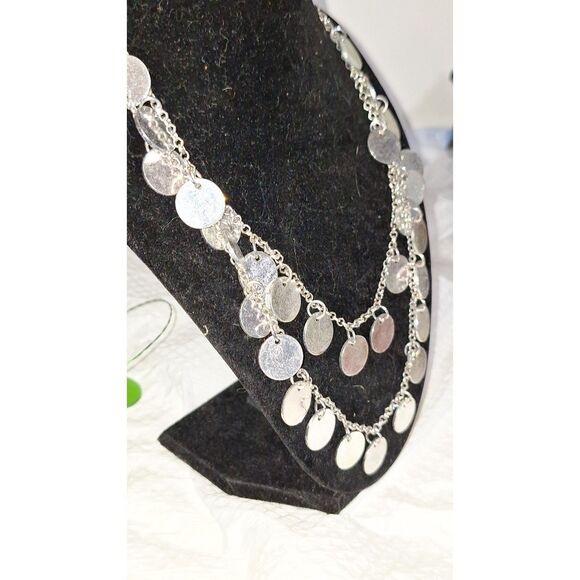A Double Layered Silver Disc Women's Necklace Coin Statement Cocktail Evening - Picture 9 of 9
